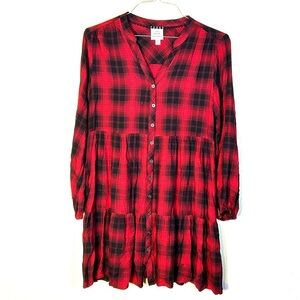 Knox Rose Red Black Buffalo Plaid Tiered Dress Cabincore Boho Dark Grunge Sz M